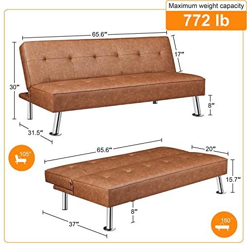 Yaheetech Convertible Sofa Couch Futon Bed Faux Leather Sofa Bed Sleeper Adjustable Loveseat Futon Couch Living Room Furniture with Chrome Metal Legs, Brown