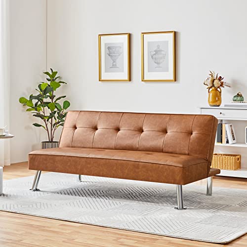 Yaheetech Convertible Sofa Couch Futon Bed Faux Leather Sofa Bed Sleeper Adjustable Loveseat Futon Couch Living Room Furniture with Chrome Metal Legs, Brown