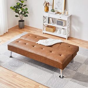 Yaheetech Convertible Sofa Couch Futon Bed Faux Leather Sofa Bed Sleeper Adjustable Loveseat Futon Couch Living Room Furniture with Chrome Metal Legs, Brown