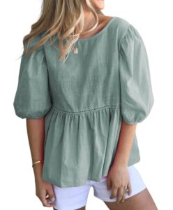 redmore womens summer peplum tops loose casual tunic 2023 balloon sleeve blouses crew neck cute shirts light green