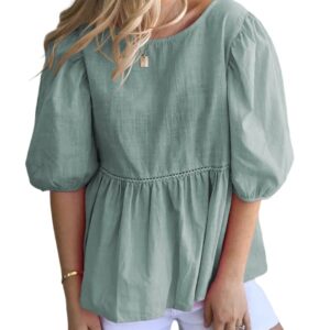 REDMORE Womens Summer Peplum Tops Loose Casual Tunic 2023 Balloon Sleeve Blouses Crew Neck Cute Shirts Light Green
