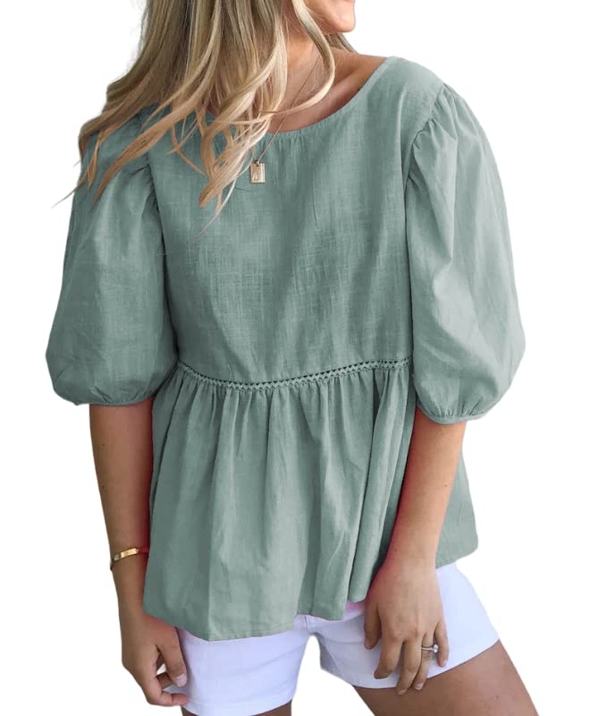 REDMORE Womens Summer Peplum Tops Loose Casual Tunic 2023 Balloon Sleeve Blouses Crew Neck Cute Shirts Light Green