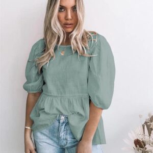 REDMORE Womens Summer Peplum Tops Loose Casual Tunic 2023 Balloon Sleeve Blouses Crew Neck Cute Shirts Light Green