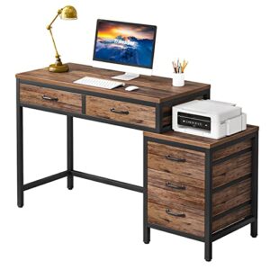 tribesigns computer desk with 5 drawers, home office desks with reversible drawer cabinet printer stand, industrial pc desk with storage, rustic study writing table workstation for small spaces