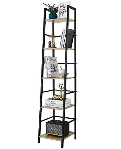 Pshelfy Bookshelf, 5-Tier Narrow Ladder Shelf Bookcase with Metal Frame, Freestanding Corner Rack Shelves for Small Spaces Display Storage Organizer Tall Skinny Shelf for Bedroom Living Room Kitchen