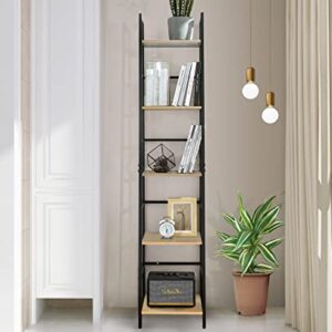 Pshelfy Bookshelf, 5-Tier Narrow Ladder Shelf Bookcase with Metal Frame, Freestanding Corner Rack Shelves for Small Spaces Display Storage Organizer Tall Skinny Shelf for Bedroom Living Room Kitchen