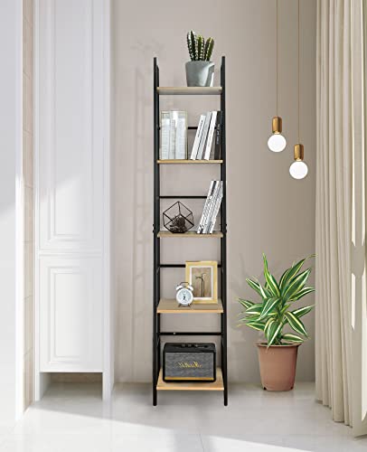 Pshelfy Bookshelf, 5-Tier Narrow Ladder Shelf Bookcase with Metal Frame, Freestanding Corner Rack Shelves for Small Spaces Display Storage Organizer Tall Skinny Shelf for Bedroom Living Room Kitchen