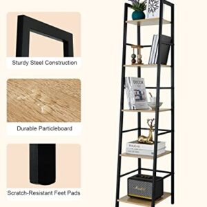 Pshelfy Bookshelf, 5-Tier Narrow Ladder Shelf Bookcase with Metal Frame, Freestanding Corner Rack Shelves for Small Spaces Display Storage Organizer Tall Skinny Shelf for Bedroom Living Room Kitchen