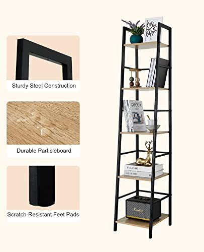 Pshelfy Bookshelf, 5-Tier Narrow Ladder Shelf Bookcase with Metal Frame, Freestanding Corner Rack Shelves for Small Spaces Display Storage Organizer Tall Skinny Shelf for Bedroom Living Room Kitchen