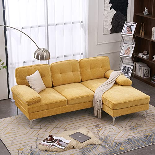 Karl home Sectional Sofa 83" L-Shape Sofa Couch 3-Seat Couch with Chaise ChenilleFabric Upholstered for Living Room, Apartment, Office, Yellow