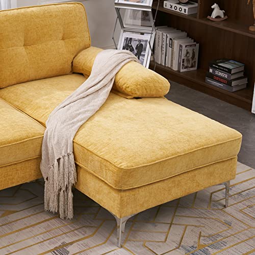 Karl home Sectional Sofa 83" L-Shape Sofa Couch 3-Seat Couch with Chaise ChenilleFabric Upholstered for Living Room, Apartment, Office, Yellow