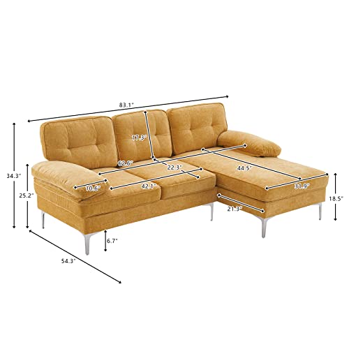 Karl home Sectional Sofa 83" L-Shape Sofa Couch 3-Seat Couch with Chaise ChenilleFabric Upholstered for Living Room, Apartment, Office, Yellow