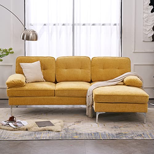 Karl home Sectional Sofa 83" L-Shape Sofa Couch 3-Seat Couch with Chaise ChenilleFabric Upholstered for Living Room, Apartment, Office, Yellow