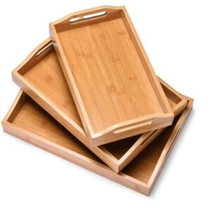 prosumer's choice bamboo serving tray with handles, set of 3-34x20x6.5cm- s,37x25x6.5cm- m, 41x28x6.5cm- l - coffee table wooden trays for home, restaurant - nesting food tray for breakfast in bed