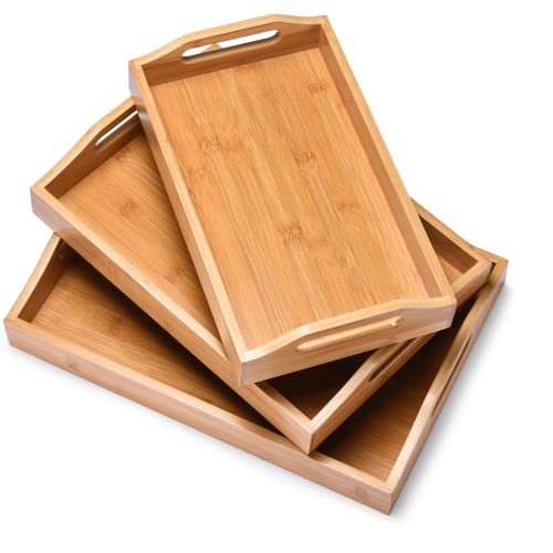 Prosumer's Choice Bamboo Serving Tray with Handles, Set of 3-34x20x6.5cm- S,37x25x6.5cm- M, 41x28x6.5cm- L - Coffee Table Wooden Trays for Home, Restaurant - Nesting Food Tray for Breakfast in Bed