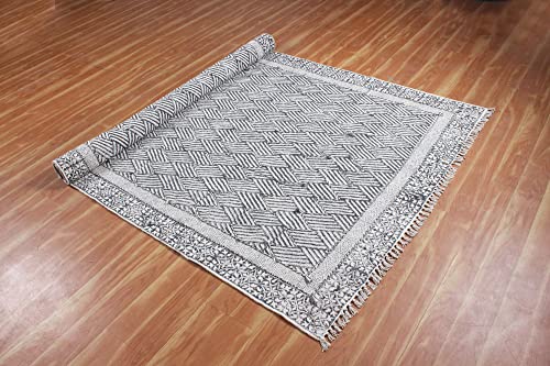 Casavani Handmade Area Rugs Hand Block Printed Cotton Dhurrie Gray, Black Boho Kilim Flat Weave Rug Indoor Bedroom Decor Rugs for Laundry Kitchen Bathroom 4x20 Feet Runner (120x600 cm)