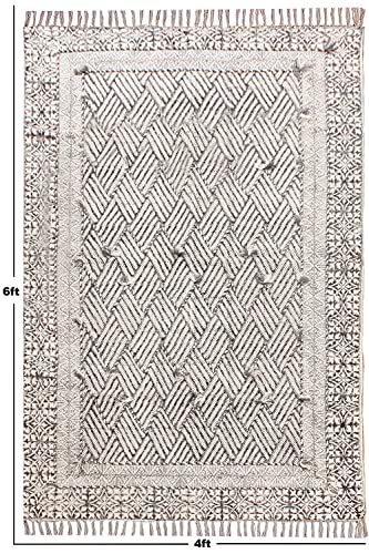 Casavani Handmade Area Rugs Hand Block Printed Cotton Dhurrie Gray, Black Boho Kilim Flat Weave Rug Indoor Bedroom Decor Rugs for Laundry Kitchen Bathroom 4x20 Feet Runner (120x600 cm)