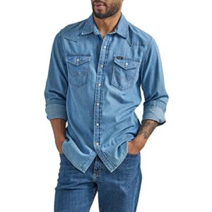 wrangler men's iconic denim regular fit snap shirt, lake wash, large