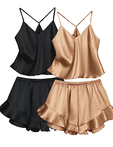 Ekouaer Silk Pajamas for Women Satin Shorts Sets Deep V Neck Cami Tops 4 Piece Pjs Nightwear