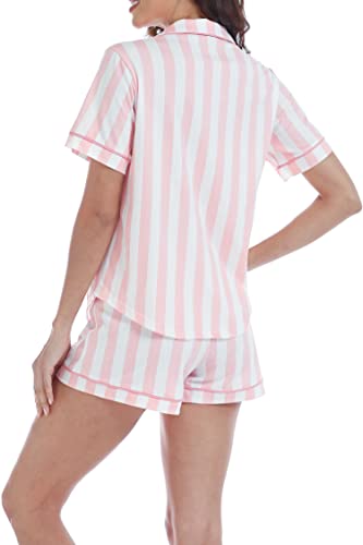 LUBOT 100% Cotton Women's Pajamas Set Short Sleeve Button-Down Shirt PJ Two-piece Set Printed Patterned Summer Night Suit Sleepwear Loungewear (Stripe, M)