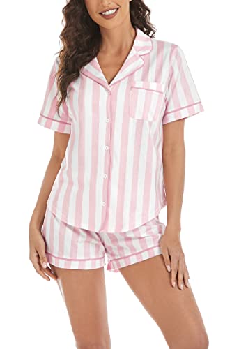 LUBOT 100% Cotton Women's Pajamas Set Short Sleeve Button-Down Shirt PJ Two-piece Set Printed Patterned Summer Night Suit Sleepwear Loungewear (Stripe, M)