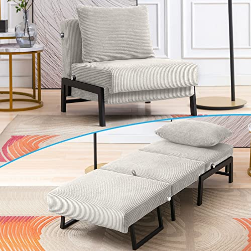 Mjkone Folding Futon Sofa Chair Bed, 2 in 1 Convertible Chair Bed Pull Out Sleeper Chair with Memory Foam Armless Sleeper Chair with Metal Leg Upholstered Chair for Living Room Bedroom Office, Beige