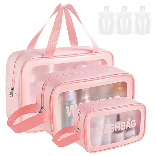 TOUYINGER Cosmetic Bag,3 Pcs Toiletry Bag Makeup Bag Travel Bag Set for Toiletries, Portable Toiletry Bags for Traveling Women, Translucent Waterproof Make Up Bag for Travel and Bathroom(3 Pcs-Pink)