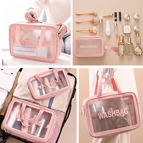 TOUYINGER Cosmetic Bag,3 Pcs Toiletry Bag Makeup Bag Travel Bag Set for Toiletries, Portable Toiletry Bags for Traveling Women, Translucent Waterproof Make Up Bag for Travel and Bathroom(3 Pcs-Pink)