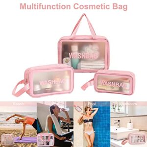 TOUYINGER Cosmetic Bag,3 Pcs Toiletry Bag Makeup Bag Travel Bag Set for Toiletries, Portable Toiletry Bags for Traveling Women, Translucent Waterproof Make Up Bag for Travel and Bathroom(3 Pcs-Pink)