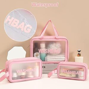 TOUYINGER Cosmetic Bag,3 Pcs Toiletry Bag Makeup Bag Travel Bag Set for Toiletries, Portable Toiletry Bags for Traveling Women, Translucent Waterproof Make Up Bag for Travel and Bathroom(3 Pcs-Pink)