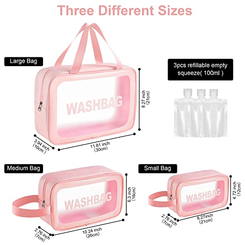 TOUYINGER Cosmetic Bag,3 Pcs Toiletry Bag Makeup Bag Travel Bag Set for Toiletries, Portable Toiletry Bags for Traveling Women, Translucent Waterproof Make Up Bag for Travel and Bathroom(3 Pcs-Pink)