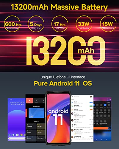 Ulefone Power Armor 13 (8GB + 128GB) Rugged Smartphone, 13200mAh Large Battery, FHD+ 6.81" Screen Octa-core 48MP Quad Camera Android 11, NFC OTG Wireless Charging, IP68 Waterproof Unlocked Cell Phone