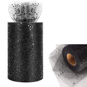 glitter tulle rolls, 6” by 50 yards (150ft) sparkling tulle spool ribbon sequin tulle netting fabric for tutu skirt wedding birthday baby shower (black)