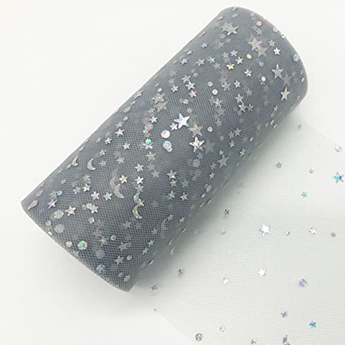 Glitter Tulle Fabric Rolls, 6” by 50 Yards (150FT) Sparkling Tulle Spool Ribbon Sequin Tulle Netting Fabric for Tutu Skirt Wedding Birthday Baby Shower Bows Party Decoration (Grey)