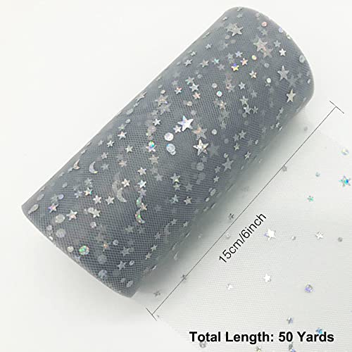 Glitter Tulle Fabric Rolls, 6” by 50 Yards (150FT) Sparkling Tulle Spool Ribbon Sequin Tulle Netting Fabric for Tutu Skirt Wedding Birthday Baby Shower Bows Party Decoration (Grey)