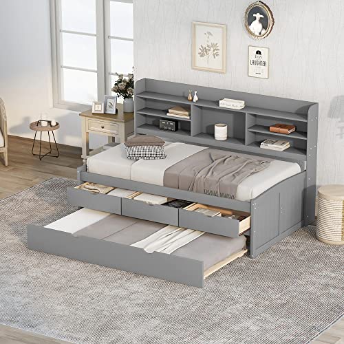 Merax Twin Size Wooden Captain Bed with Built-in Bookshelves, Three Storage Drawers and Trundle, Light Grey