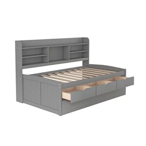 Merax Twin Size Wooden Captain Bed with Built-in Bookshelves, Three Storage Drawers and Trundle, Light Grey