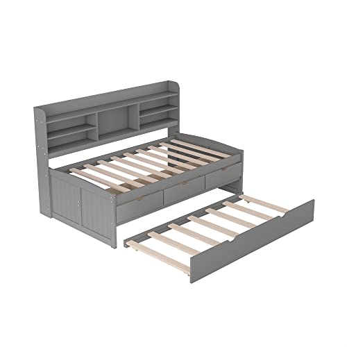 Merax Twin Size Wooden Captain Bed with Built-in Bookshelves, Three Storage Drawers and Trundle, Light Grey