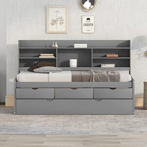 Merax Twin Size Wooden Captain Bed with Built-in Bookshelves, Three Storage Drawers and Trundle, Light Grey