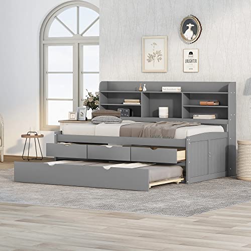 Merax Twin Size Wooden Captain Bed with Built-in Bookshelves, Three Storage Drawers and Trundle, Light Grey