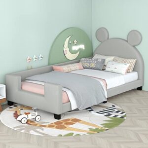 twin size kids upholstered bed with carton ears shaped headboard,children twin platform bed frame with pu leather，cute wooden single bed for girls boys, no box spring needed , grey
