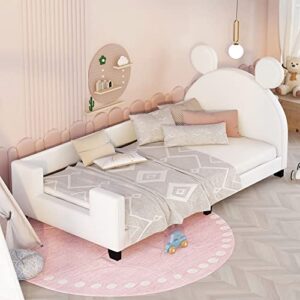 Twin Size Kids Upholstered Bed with Carton Ears Shaped Headboard,Children Twin Platform Bed Frame with PU leather，Cute Wooden Single Bed for Girls Boys, No Box Spring Needed , White