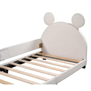 Twin Size Kids Upholstered Bed with Carton Ears Shaped Headboard,Children Twin Platform Bed Frame with PU leather，Cute Wooden Single Bed for Girls Boys, No Box Spring Needed , White