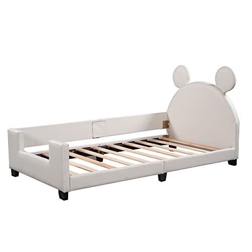Twin Size Kids Upholstered Bed with Carton Ears Shaped Headboard,Children Twin Platform Bed Frame with PU leather，Cute Wooden Single Bed for Girls Boys, No Box Spring Needed , White