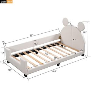 Twin Size Kids Upholstered Bed with Carton Ears Shaped Headboard,Children Twin Platform Bed Frame with PU leather，Cute Wooden Single Bed for Girls Boys, No Box Spring Needed , White