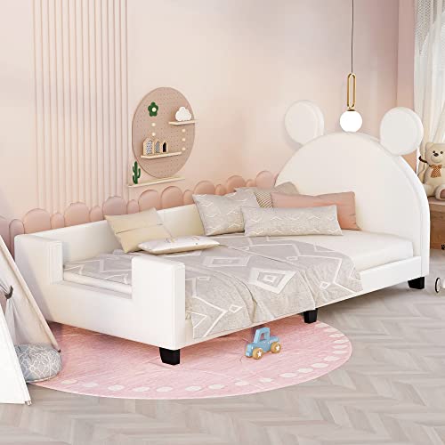 Twin Size Kids Upholstered Bed with Carton Ears Shaped Headboard,Children Twin Platform Bed Frame with PU leather，Cute Wooden Single Bed for Girls Boys, No Box Spring Needed , White