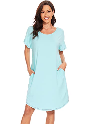 WiWi Bamboo Nightgowns for Women Soft Short Sleeve Night Gowns Summer Sleep Shirt Sleepwear Dress with Pockets S-XXL, Aqua, Small