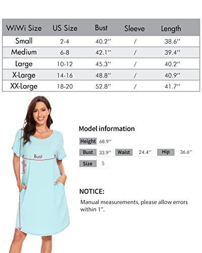 WiWi Bamboo Nightgowns for Women Soft Short Sleeve Night Gowns Summer Sleep Shirt Sleepwear Dress with Pockets S-XXL, Aqua, Small