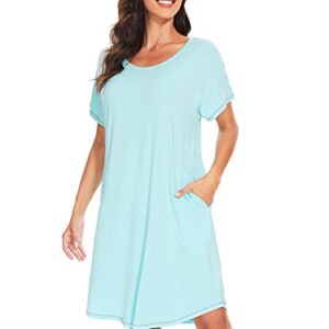 WiWi Bamboo Nightgowns for Women Soft Short Sleeve Night Gowns Summer Sleep Shirt Sleepwear Dress with Pockets S-XXL, Aqua, Small