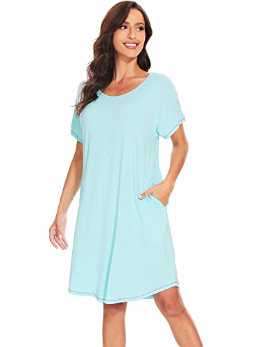 WiWi Bamboo Nightgowns for Women Soft Short Sleeve Night Gowns Summer Sleep Shirt Sleepwear Dress with Pockets S-XXL, Aqua, Small